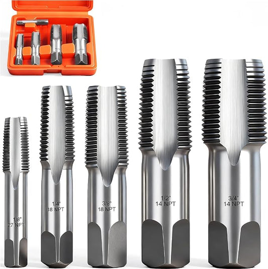 HORUSDY 5-Piece NPT Pipe Tap Kit with Heavy-Duty Storage Case, Premium Carbon Steel Threading Tools, 1/8"–3/4" Tapered Pipe Taps for Fast, Clean & Reliable Plumbing Repairs