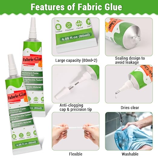 2 X 80 ML Fabric Glue for Clothing, Clear Fabric Glue for Clothing Permanent Washable, Liquid Fusion Glue Adhesive for Leather, Patches, All Fabrics