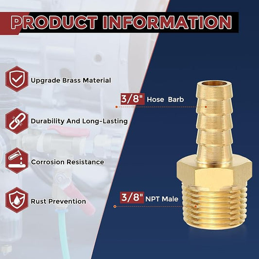 Pack of 1 Brass Hose Barb Fittings 3/8" Hose Barb to 3/8" NPT Male Fittings