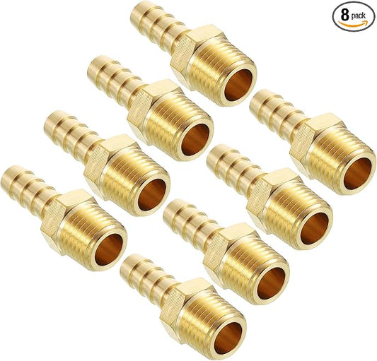 Pack of 8 Brass Hose Barb Fittings Adapter Connector 5/16" Hose Barb to 1/4" NPT Male Fittings for Home Machines, Massage Bathtubs, and Irrigation Systems