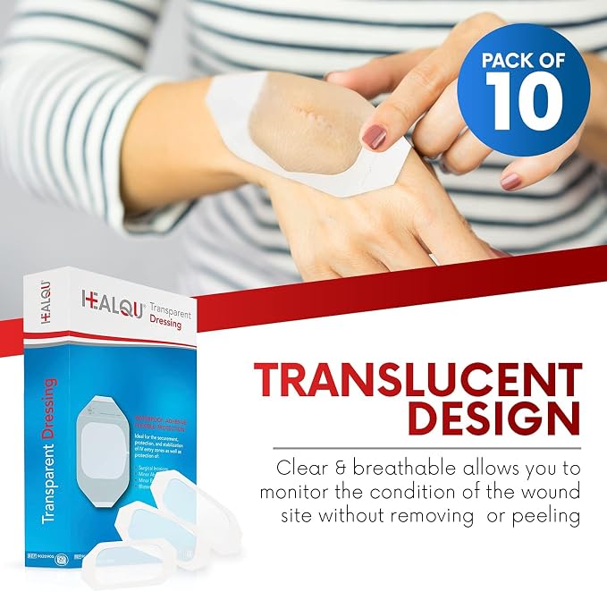 Transparent Film Dressing 4" x 4.75" (10 Pack) - Waterproof Adhesive Wound Bandages for Post-Surgical Shower, IV Shield, Tattoo Aftercare, Clear Breathable Dressing Patches by HEALQU