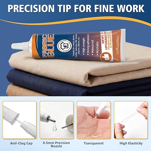 Fabric Glue Permanent, Washable Clothing Glue for All Fabrics, Waterproof Adhesive for Leather, Denim, Cotton, Polyester, Ideal for Patches, Repairs & Crafts (60ml)