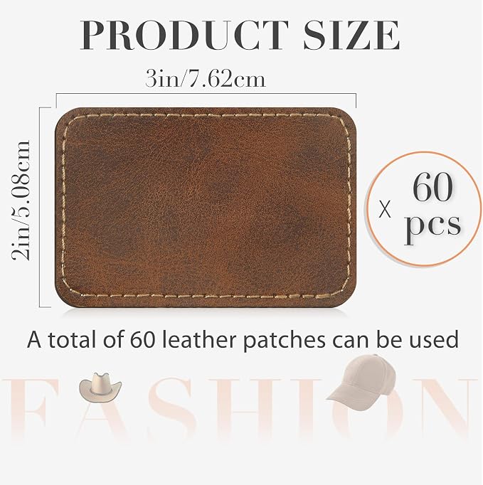 Dunzy 60 Pcs Leather Hat Patches Blank Leatherette Hat Patch with Adhesive Rectangle Laserable Leatherette Patch for Hats Custom Fabric Sew Laser Engraving DIY(Golden Brown,3 x 2 Inch)
