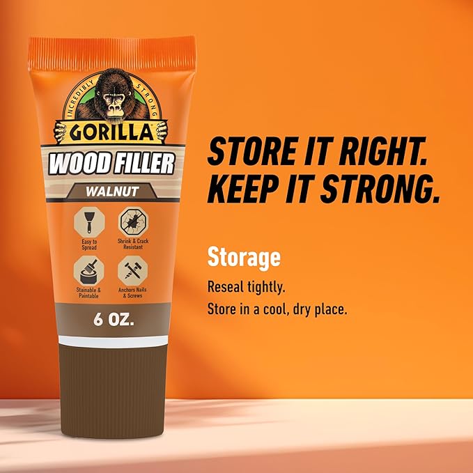 Gorilla All Purpose Wood Filler, Walnut Color, 6 Ounce Tube (Pack of 2) - Water Resistant for Indoor or Outdoor Projects and Repairs