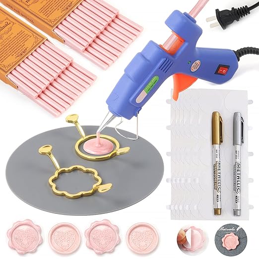 Wax Seal Kit, WASOHLING 40Pcs Pearl Pink Sealing Wax Sticks with Glue Gun, Wax Seal Molds, Silicone Mat, Marker Pens, Premium Kit for Wedding Invitations Envelopes Cards (Pearl Pink)