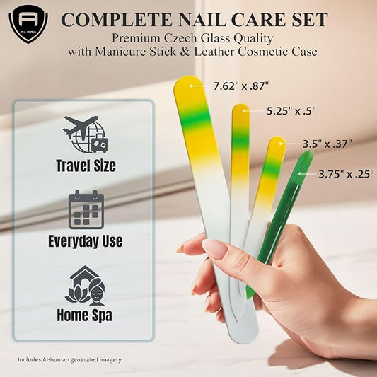Alban Czech Glass Nail File Set with Manicure Stick & Vegan Leather Cosmetic Case (Yellow-Green Nail Files, Green Manicure Stick & Cream Cosmetic Case)