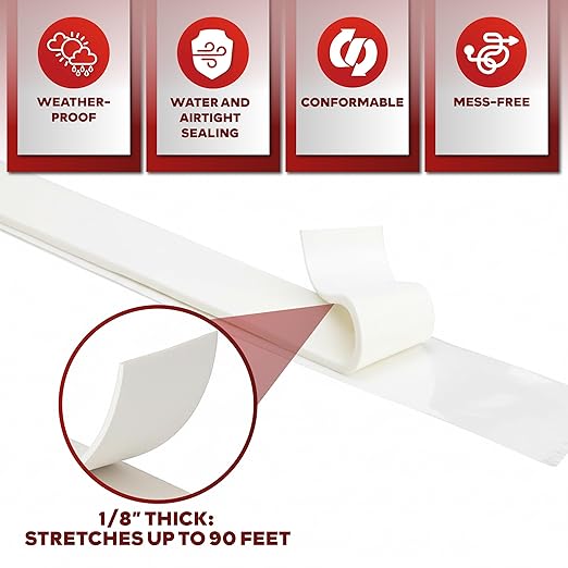 XFasten Butyl Seal Tape White - 1.5” Core 1/8" x 3/4'' x 45 Foot, EDPM Butyl Putty Tape, Sound Dampener Automotive Butyl Tape RV Rubber Sealant, Waterproof Sealing Tape