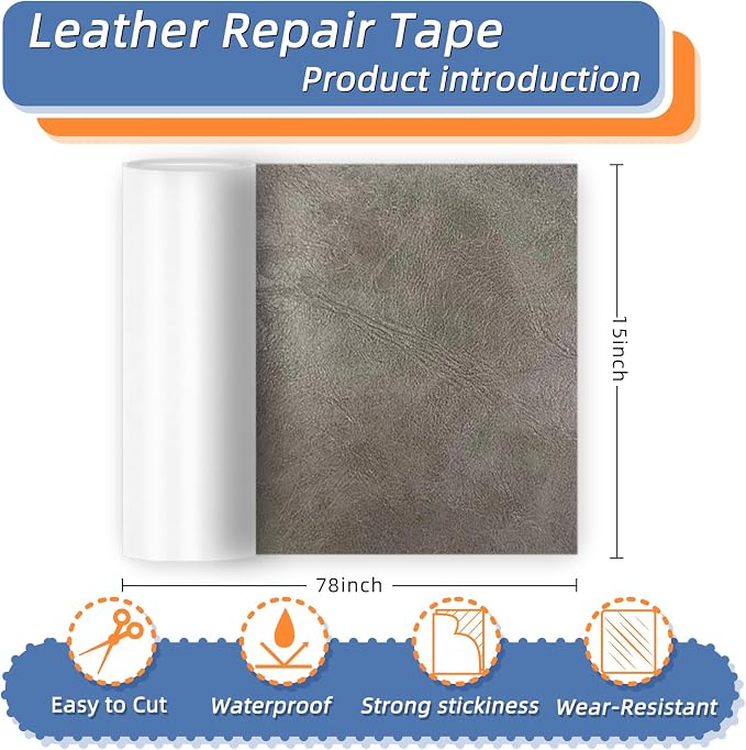 Self Adhesive Faux Leather Repair Patch,1Roll 15x78 Inch Leather Repair Tape for Furniture,Couch Tape for Couches,Bed,Car Seats,Chair,Gray