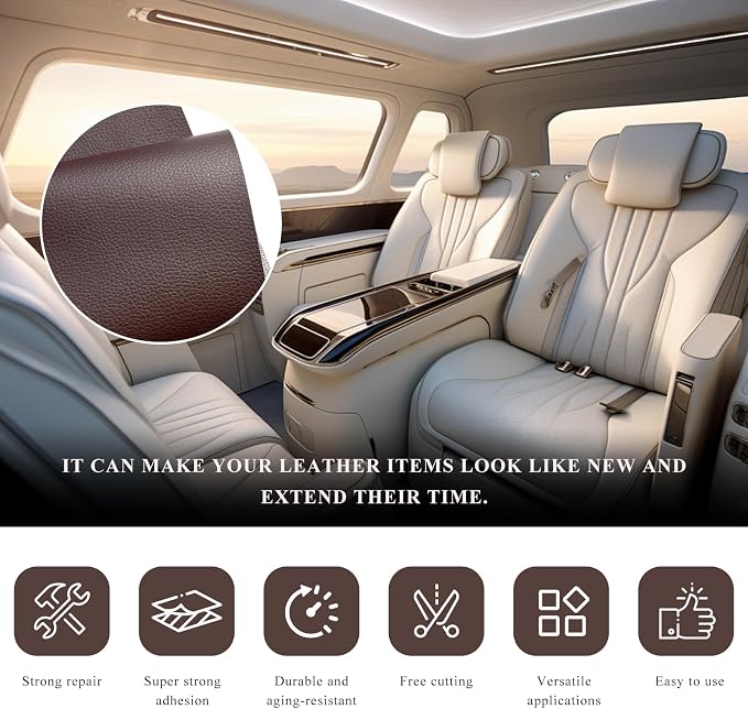 2 PCS Leather Repair Patch Tape, 4 x 8 Inch Waterproof PU Leather Repair Tape for Car Seat, Self-Adhesive Patch Kit for Repairing Couch Chairs Furniture, Car Accessories (Dark Brown)