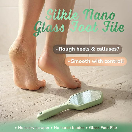 SILKLE Nano Glass Foot File - Silicone Foot Callus Remover for Feet and Cracked Heels - Heel Scraper for Dead Skin - Ergonomic Foot Scrubber & Exfoliator for Shower with Non-Slip Grip - Green