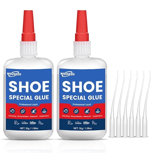 WOUSEDO Shoe Glue 2 x 30g, Flexible & Waterproof Instant Adhesive | Quick Dry in Seconds, Heavy Duty Clear Glue for Sole Repair on Sneakers, Boots, Heels, Hiking Shoes, Leather & Rubber