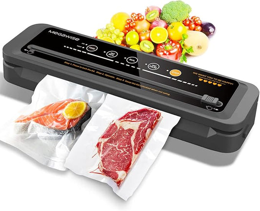 Updated Vacuum Sealer Machine (2025), MEGAWISE Food Sealer w/Starter Kit, Dry & Moist Food Modes, Compact Design with 10 Vacuum Bags & Built-in Cutter