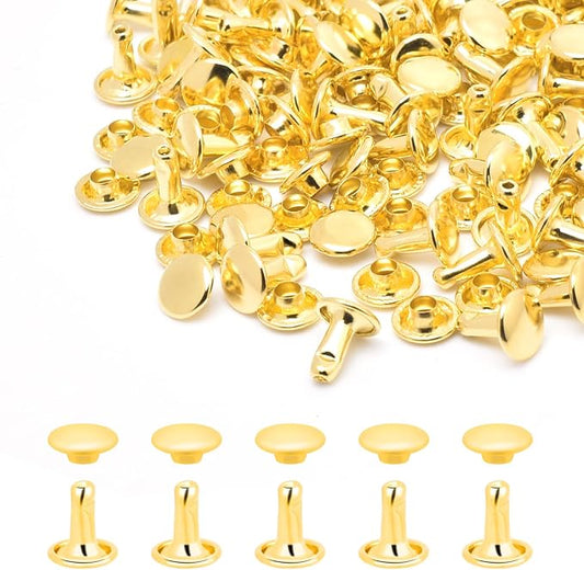 200Sets 8mm Round Double Caps Leather Rivets Metal Tubular Studs for Bags Hats Shoes Clothing Leather DIY Craft Repair and Decoration (Gold)