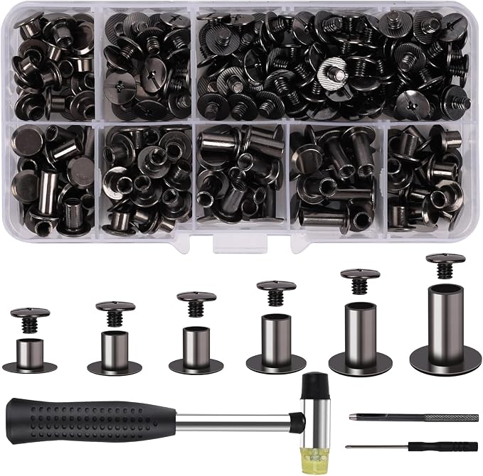 110 Sets Chicago Screws Leather Rivets Kit with Rubber Hammer, 6 Sizes (M5*4,5,6,8,10,12) Assorted Leather Fasteners Binding Screws for DIY Leather Craft, Belts, Bags, Clothing Fabric Repair (Black)