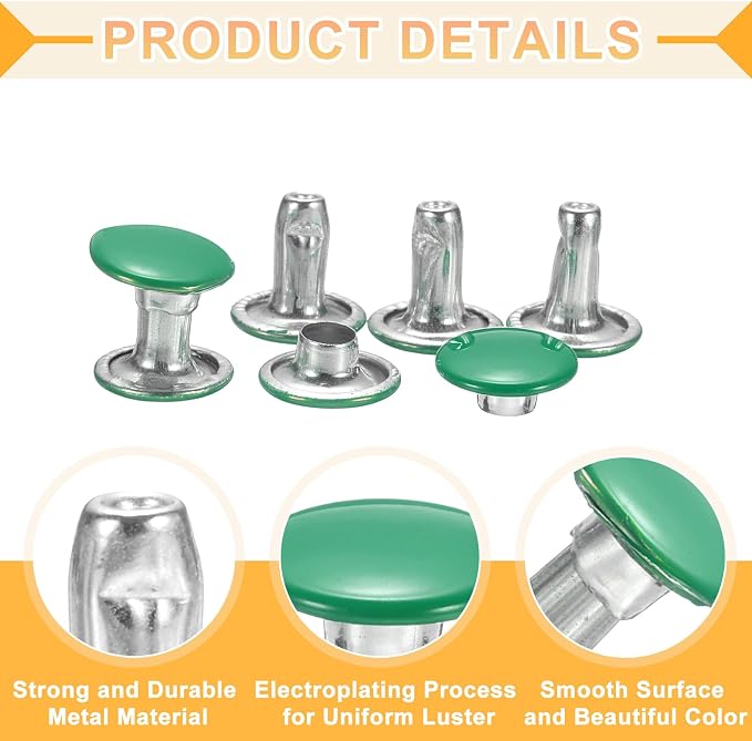 uxcell 120Set Leather Rivets, 8mm Double Cap Rivet Tubular Metal Studs Repairs Decoration Craft Accessories for Repair Decorate Leather Craft Belt Bag Shoes Purse Belts, Green