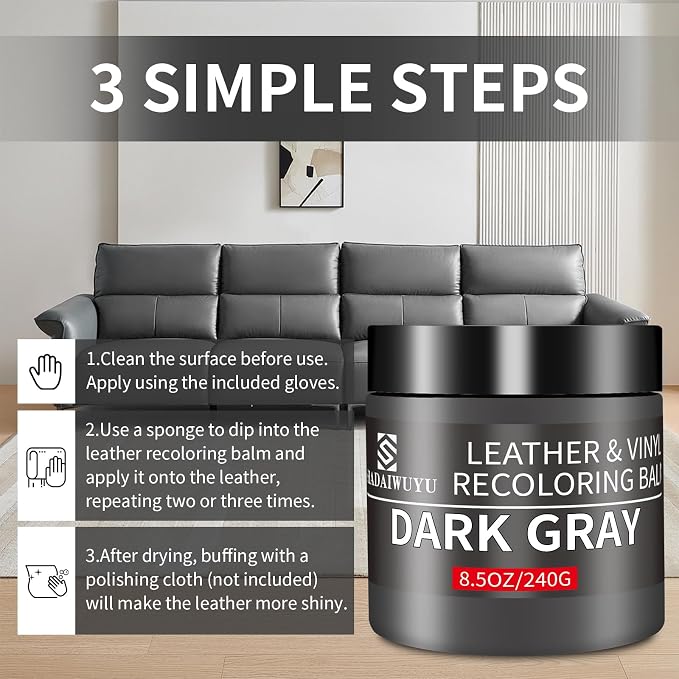 Leather Recoloring Balm,8.5oz Leather Color Restorer,Dark Gray Leather Repair kit for Furniture and Car Interior,Leather Couch Scratch Repair,Leather Dye Paint for Faded,Cracked and Damaged Leather