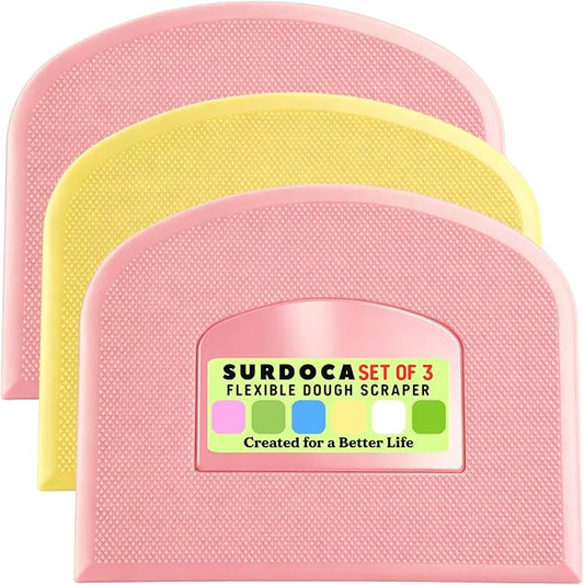 SURDOCA Dough Scraper Bench Scraper - 3P 14.2x8.5" Plastic Flexible Bowl Scraper, Sharp Edge & Angles Cake Scraper. Non-Slip Bakeware Decorating Tools Sculpting & Modeling Tools - Pink+Yellow+Pink
