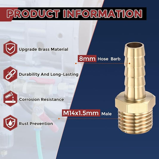 Pack of 6 Brass Hose Barb Fittings Adapter Connector 8mm Hose Barb to M14x1.5mm Male Fittings for Home Machines, Massage Bathtubs, and Irrigation Systems