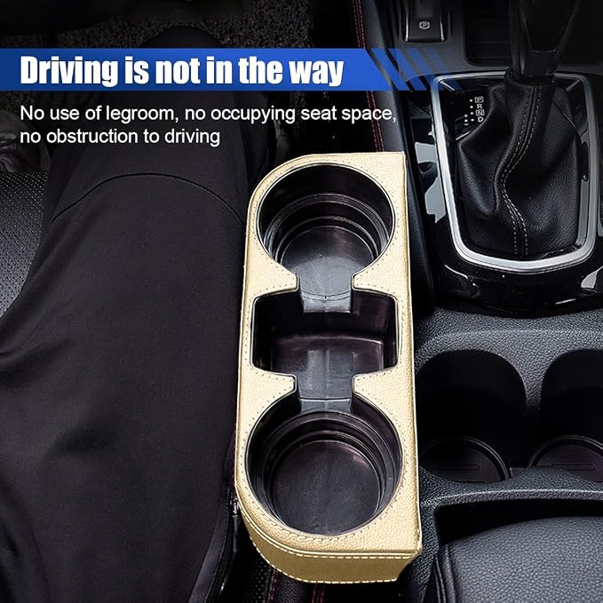 KITUREK Car Cup Holder, PU Leather Cover Auto Front Seat Organizer, Beige | Multifunctional Cup Drink Holder, Gap Filler Coin Bucket Storage Box, Console Side Pocket, Cell Mobile Phone Holder