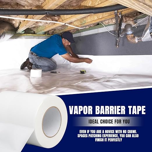 Vapor Barrier Tape, 6" Wide x 180' Long 2 Roll, Polyethylene Tape, for Moisture Barriers and Crawl Spaces, Waterproof Seal and Seam Tape for Underlayment, Insulation and Plastic Liners