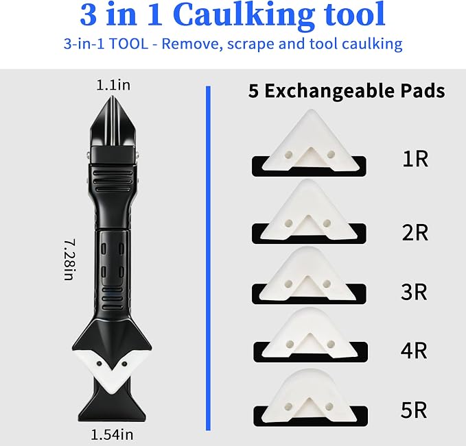 3 in 1 Silicone Caulking Tool Kit, Professional Sealant Finishing Tool with Replaceable Silicone Pads, Caulk Removal Scraper, Easy Grout Filling & Residual Glue Clean for Kitchen Bathroom Window Sink
