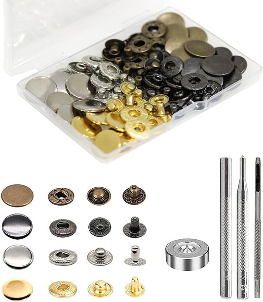 BetterJonny 24 Sets Heavy Duty Leather Snap Fasteners Kit, 20mm Metal Snap Buttons Press Studs Leather Rivets Snaps with 4 Setter Tools for Clothes Bracelet Jackets Jeans, 4 Color