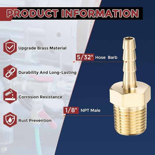 Pack of 4 Brass Hose Barb Fittings Adapter Connector 5/32" Hose Barb to 1/8" NPT Male Fittings for Home Machines, Massage Bathtubs, and Irrigation Systems
