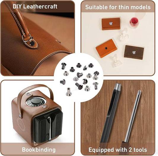 Chicago Screws, AIIQESBT 110 Pcs Leather Rivets with 2 Pcs Tool Kit, Assorted Screw Rivets Binding Set for Decorate & Repair Leather Crafting, Belts, Bag, Purse & DIY Crafts (Gunmetal Black & Silver)