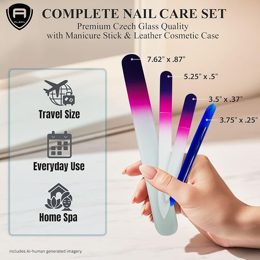 Alban Czech Glass Nail File Set with Manicure Stick & Vegan Leather Cosmetic Case (Purple-Pink Nail Files, Royal Manicure Stick & Cream Cosmetic Case)