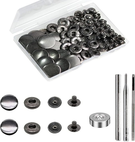 BetterJonny 24 Sets Heavy Duty Leather Snap Fasteners Kit, 20mm Metal Snap Buttons Press Studs Leather Rivets Snaps with 4 Setter Tools for Clothes Bracelet Jackets Jeans Gun Black