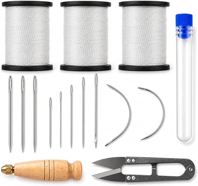 16Pcs Upholstery Repair Sewing Kit, Heavy Duty Leather Sewing Kit with Sewing Awl, Hand Needles, Curved Needles, Scissors and Nylon Thread for Leather Shoes, Sofa, Furniture, Canvas Repair (White)