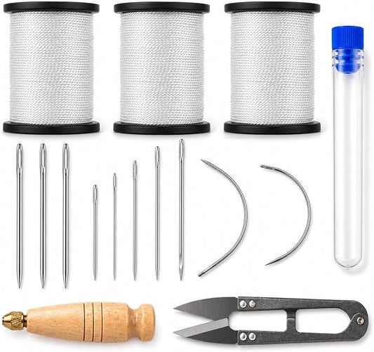 16Pcs Upholstery Repair Sewing Kit, Heavy Duty Leather Sewing Kit with Sewing Awl, Hand Needles, Curved Needles, Scissors and Nylon Thread for Leather Shoes, Sofa, Furniture, Canvas Repair (White)