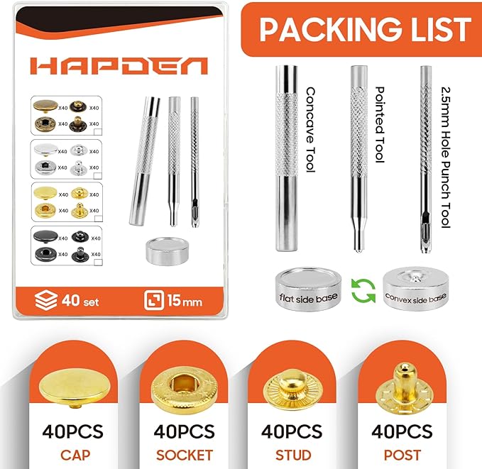 Leather Snaps and Fasteners Kit，12.5mm 40 Sets Metal Snap Buttons with Setter Tools， Sewing Snaps for Clothing，Fabric，Leather, Clothes, Jackets, Bags, DIY Crafting （Gold）