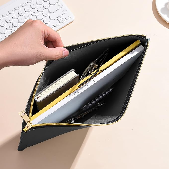 PU Leather A4 File Folder Zipper Document Holder Envelope Folder Case for Receipt Contract (2, Black)