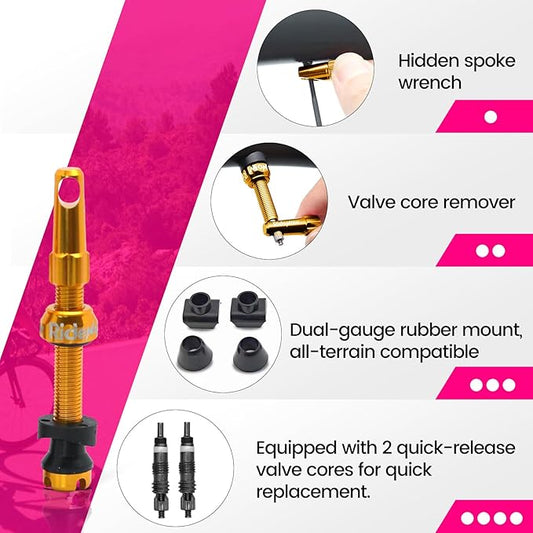 RideNow Tubeless Presta Valve Stems, 45mm Super Light 7075 Aluminum Alloy Presta Tubeless Valve Stem Kit with Valve Core Remover Tool and Valve Stem Caps, Multiple Color and Size Options(Pair), Gold