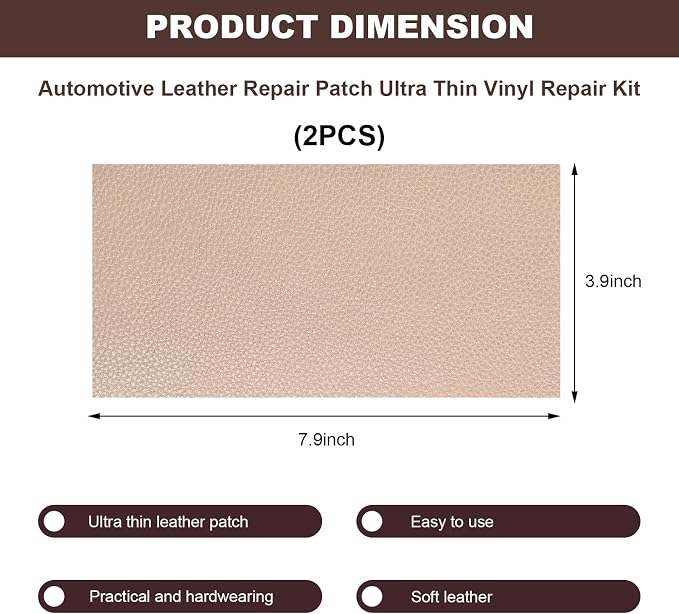 2 PCS Leather Repair Patch Tape, 4 x 8 Inch PU Vinyl Repair Patches for Car Upholstery Seat, Waterproof Self Adhesive Leather Tape Repair Kit for Furniture Couches Chairs (Khaki)