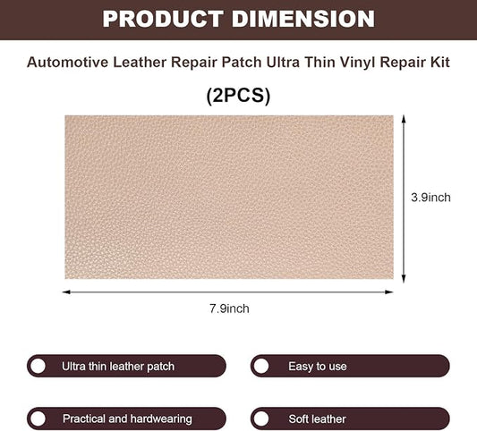 2 PCS Leather Repair Patch Tape, 4 x 8 Inch PU Vinyl Repair Patches for Car Upholstery Seat, Waterproof Self Adhesive Leather Tape Repair Kit for Furniture Couches Chairs (Khaki)