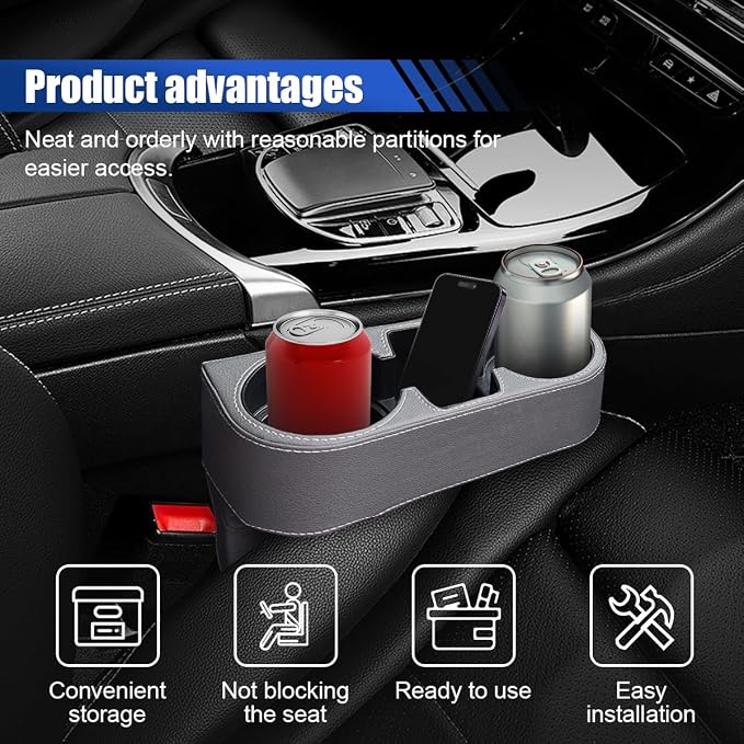 KITUREK Car Cup Holder, PU Leather Cover Auto Front Seat Organizer, Grey | Multifunctional Cup Drink Holder, Gap Filler Coin Bucket Storage Box, Console Side Pocket, Cell Mobile Phone Holder