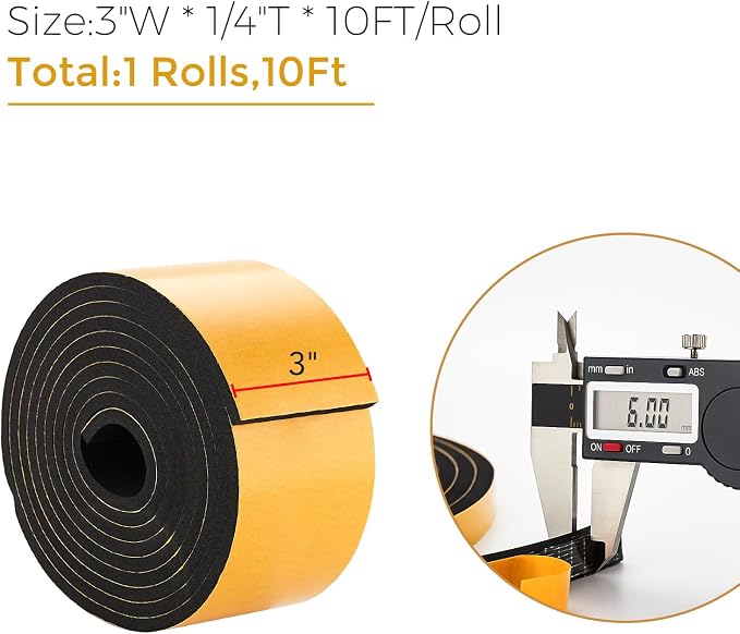10 Feet Weather Stripping Door Seal, 3" Wide X 1/4" Thick Door Seal Strip High Density Foam Tape Adhesive Strip for Door Soundproofing,Window Insulation (3" x 1/4" x 10FT, Black)