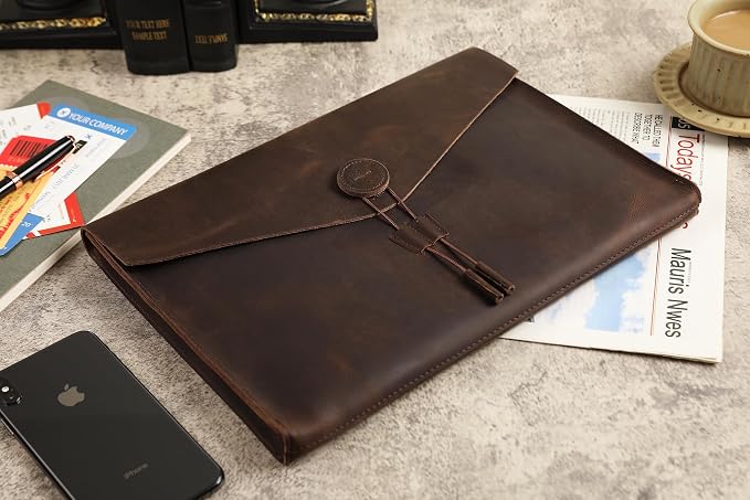 Genuine Leather Envelope Document Holder， Leather File Folder Organizer，Envelope Document Holder for Men&Women, Personalized Folio Laptop Sleeve Case for 15" Laptops, Tablets