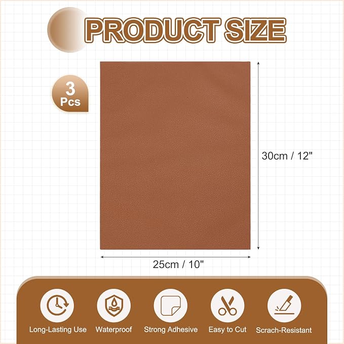 MECCANIXITY 3 Pcs Leather Repair Patch 10"x12" Self-Adhesive Leather Vinyl Repair Tape Kit for Furniture Couches Sofa Chair Car Boat Seats Jackets, Light Brown