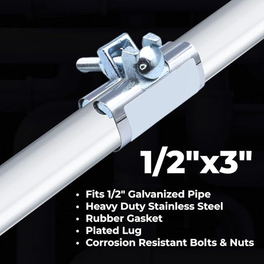 Stainless Steel One-Piece Galvanized Repair Pipe Clamp with Single Bolt, 1/2" X 3" inches | water pipe repair, plumber pipe holder, or copper pipe leak repair kit.