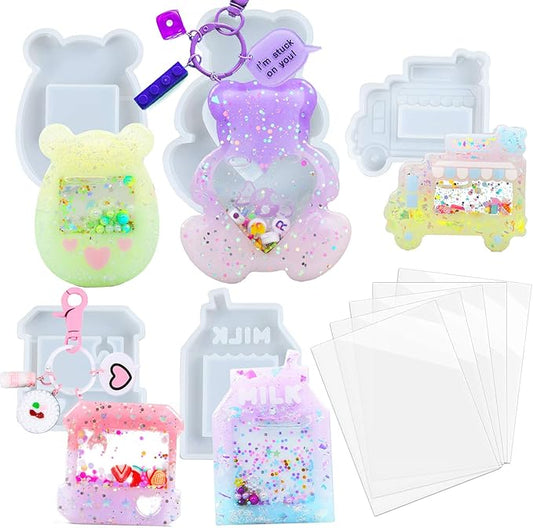 Resin Shaker Molds Set Epoxy Jewelry Casting Supplies Claw Machine, Dessert Truck, Game Console, Bear, Milk 5 Silicone Trays with 5 Seal Films Large Height 2.3-3inch