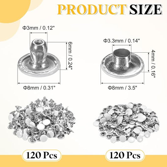 uxcell 120 Sets Leather Rivets, 8mm Double Cap Rivets, 6mm Height Tubular Metal Studs for Leather Craft Repair and Decoration DIY Clothes, Shoes, Bags, Belts, White