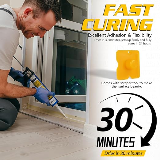 LISRUX Advanced Silicone Caulk for Window & Door, White, 15.2 fl oz Cartridge, 1 Pack - 100% Waterproof Silicone Sealant Indoor Outdoor Caulking, UV Resistant, Stronger Adhesion, Shrink & Crack Proof