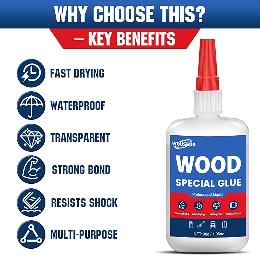WOUSEDO Wood Glue 30g, Clear Fast Drying Cyanoacrylate Adhesive | CA Glue for Timber, Hardwood, Softwood, Particle Board, Furniture, Ideal for Woodworking & Craft Repair, Waterproof & Strong