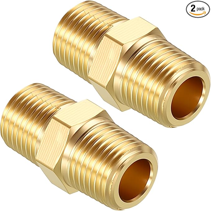Pack of 2, 1/8" NPT Male to 1/8" NPT Male Solid Brass Hex Nipple Hose Connectors, Male Pipe Adapter for Pipe Leak Repair, Bathroom Remodeling, Tool Extensions, Compression