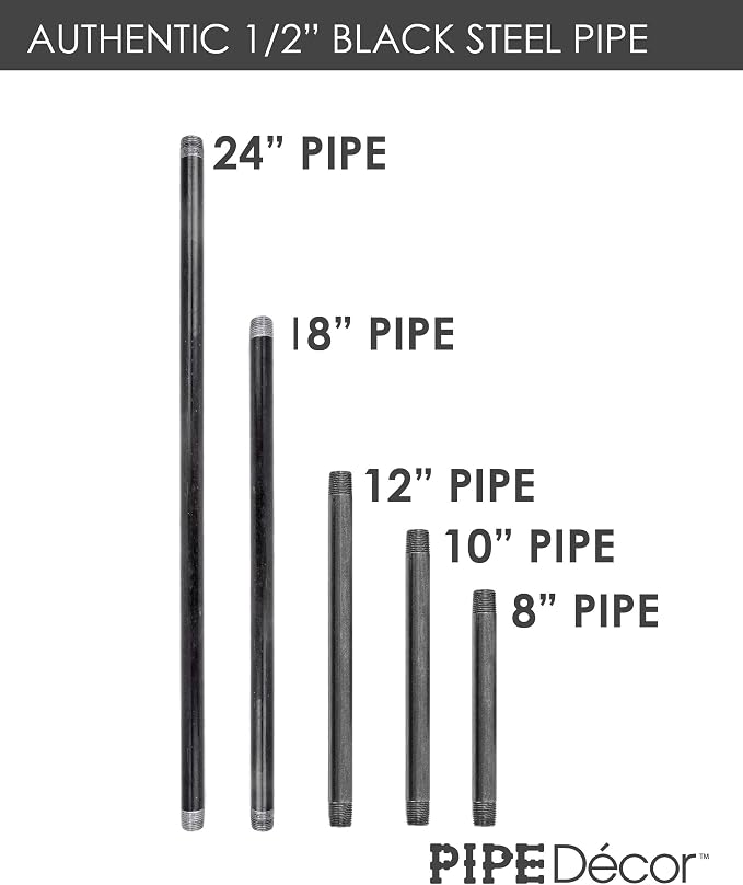 PIPE DÉCOR 1/2” x 18” Malleable Cast Iron Pipe, Pre Cut Connectors, Industrial Steel Grey Fits Standard Half Inch Black Threaded Pipes Nipples and Fittings, Build Vintage DIY Furniture, 6 Pack