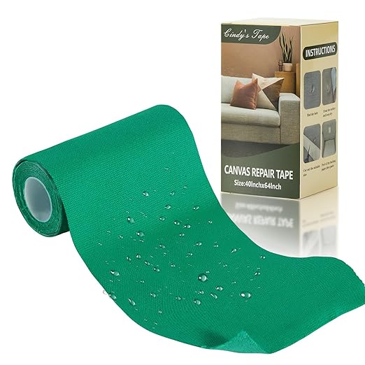 Linen Canvas Repair Tape, 4×63 Inches Green Waterproof Self-Adhesive Patch for Outdoor Gear, Durable Fabric Tape for Boat Covers, Tents, Couch, Sofas, Sun Shades, Awnings, and Lounge Chairs