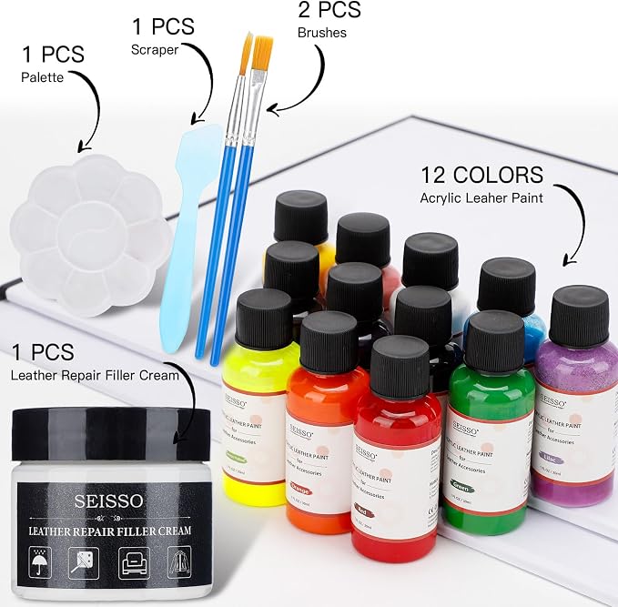 Leather Vinyl Repair Kit, 12 Colors Acrylic Leather Paint for Shoes, Sneakers, Leather Furniture, Bags, Car Seat, Wallets Leather Scratch Tear Repair Leather Care Set